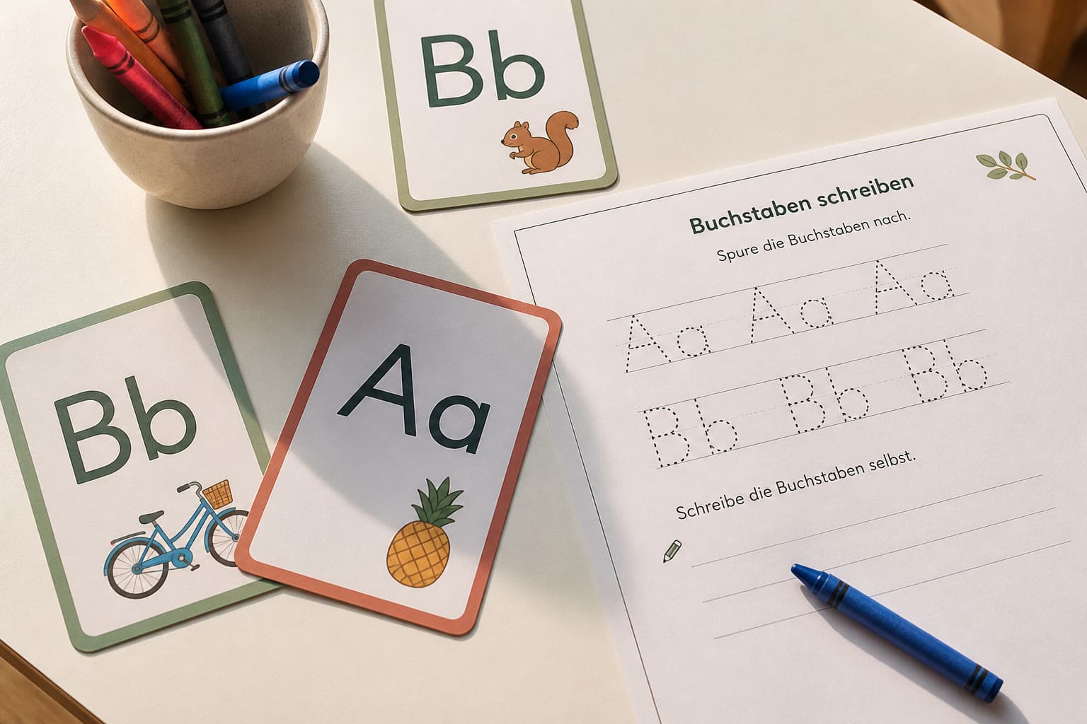 Arbeitsblätter und Buchstabenkarten auf einem hellen Schreibtisch