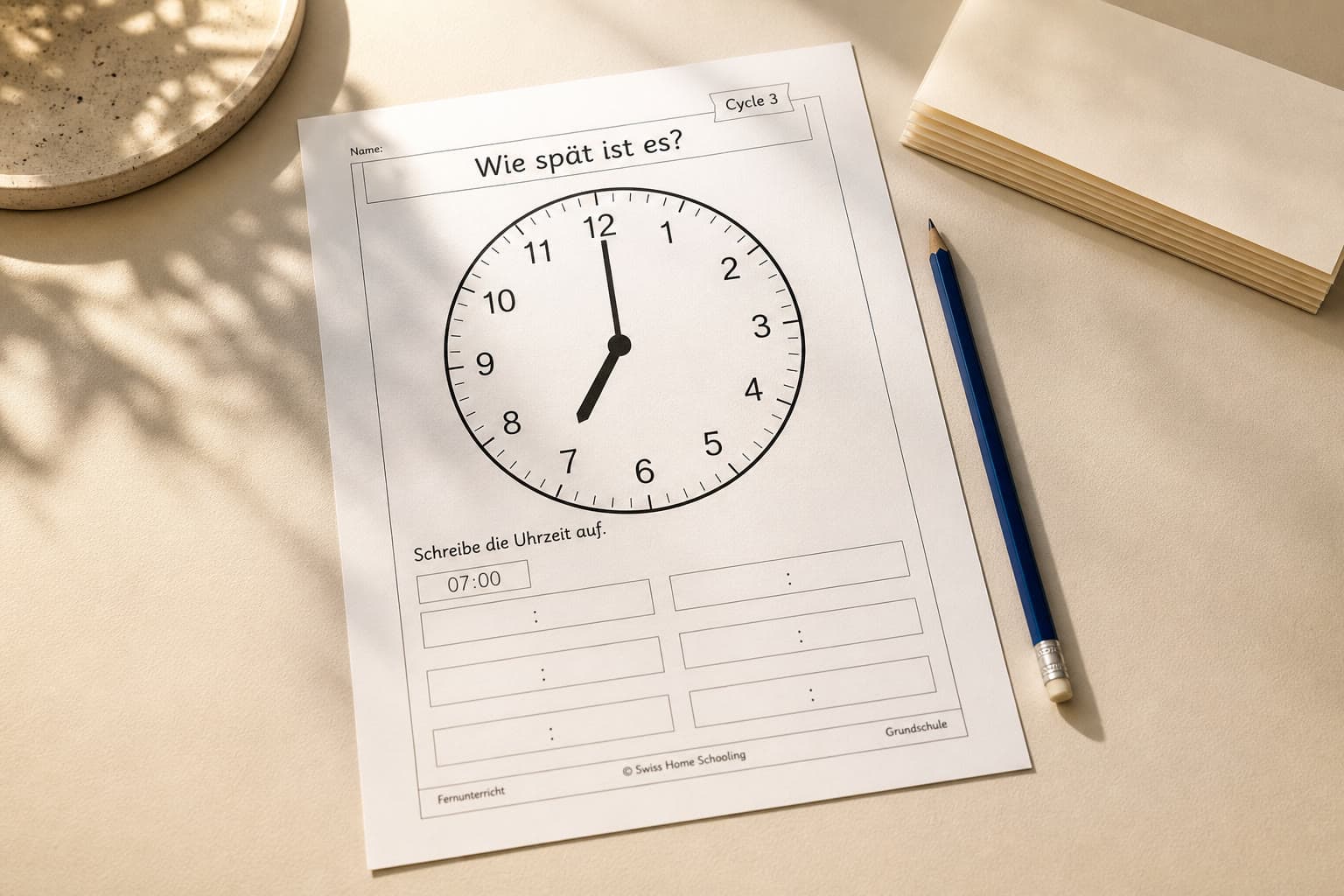 Arbeitsblatt zur Uhr und Stifte auf dem Schreibtisch