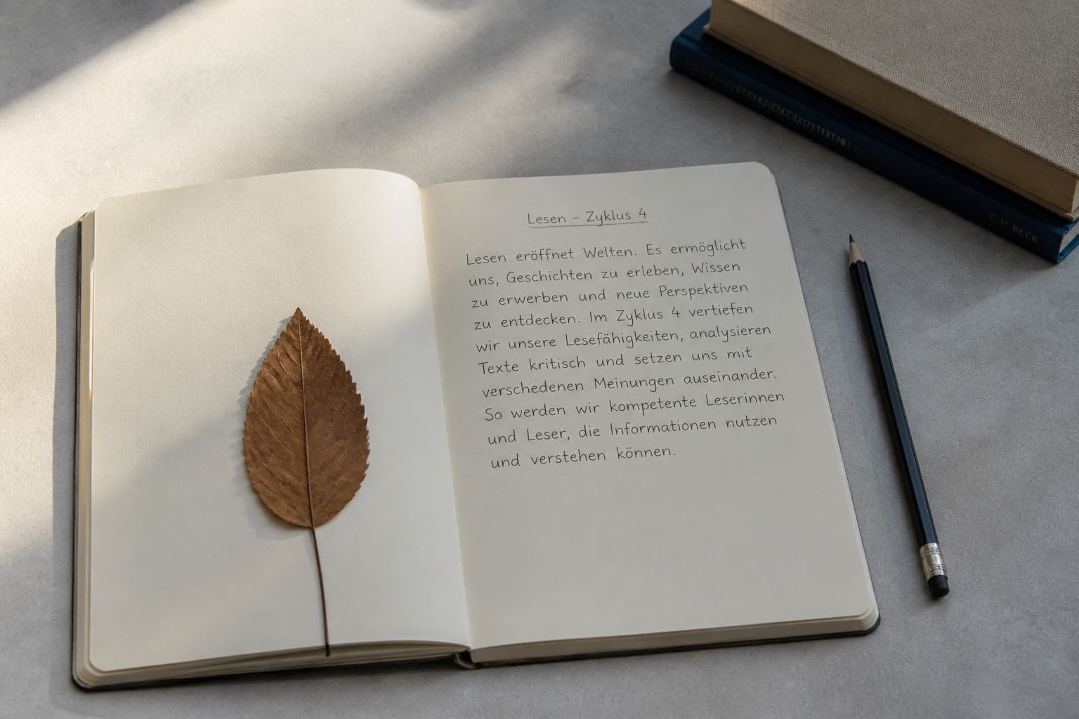 Lesetext und Stift auf einem offenen Heft