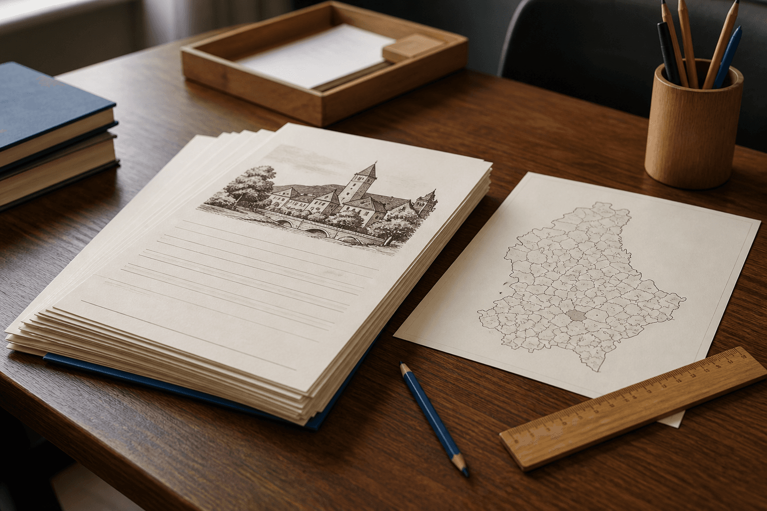 Arbeitsblätter, Lineal und Stift auf einem hellen Schreibtisch