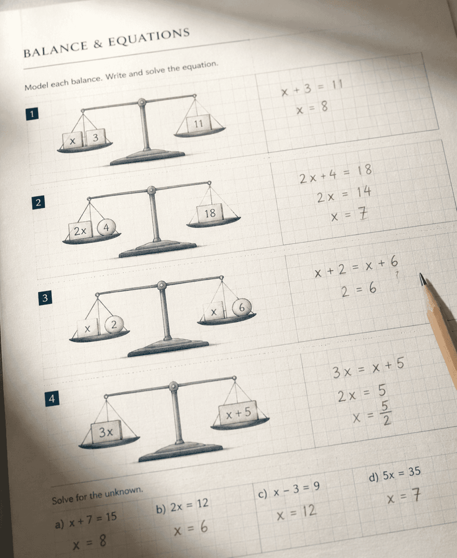 Mathematics worksheet about balancing equations