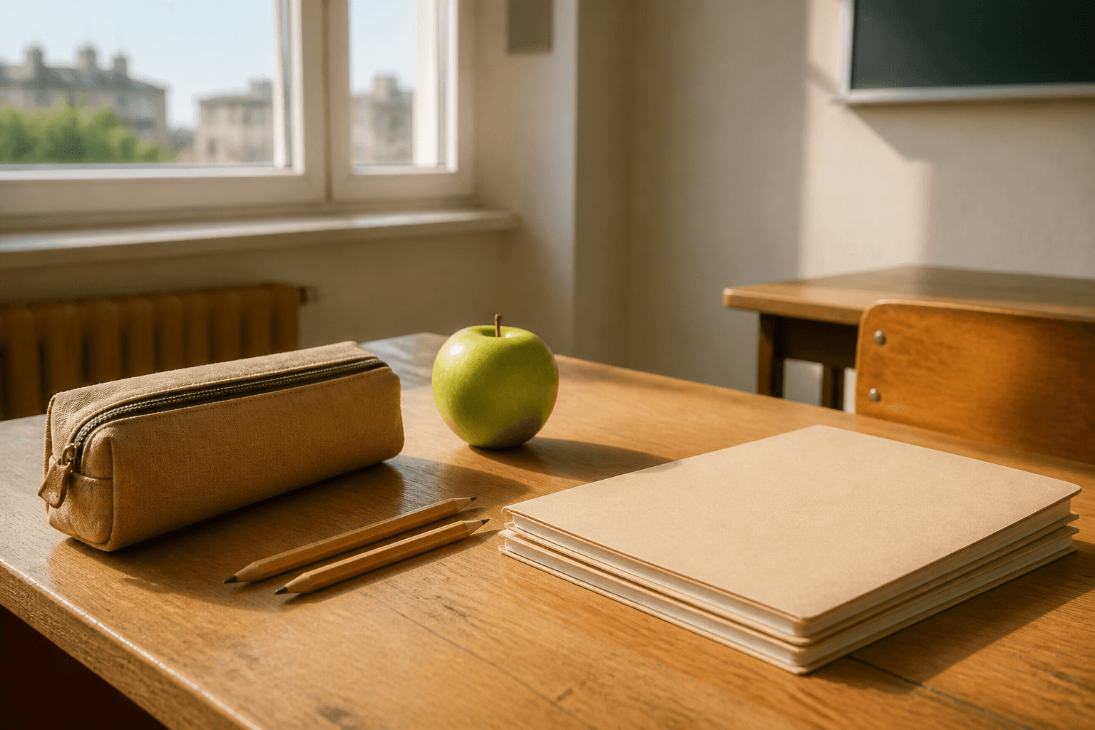 Hefte, Stifte und ein Apfel auf einem Schreibtisch zum Schulstart