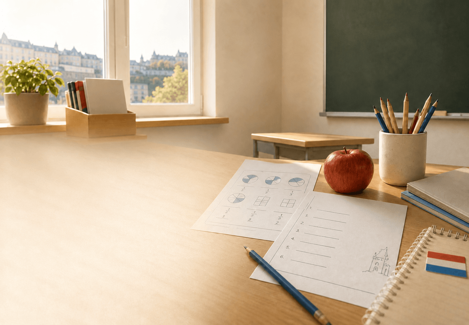 Arbeitsblätter und Stifte flach auf einem hellen Schreibtisch ausgelegt